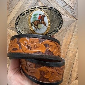 Vintage Tooled Floral Leather Belt with Equestrian Buckle